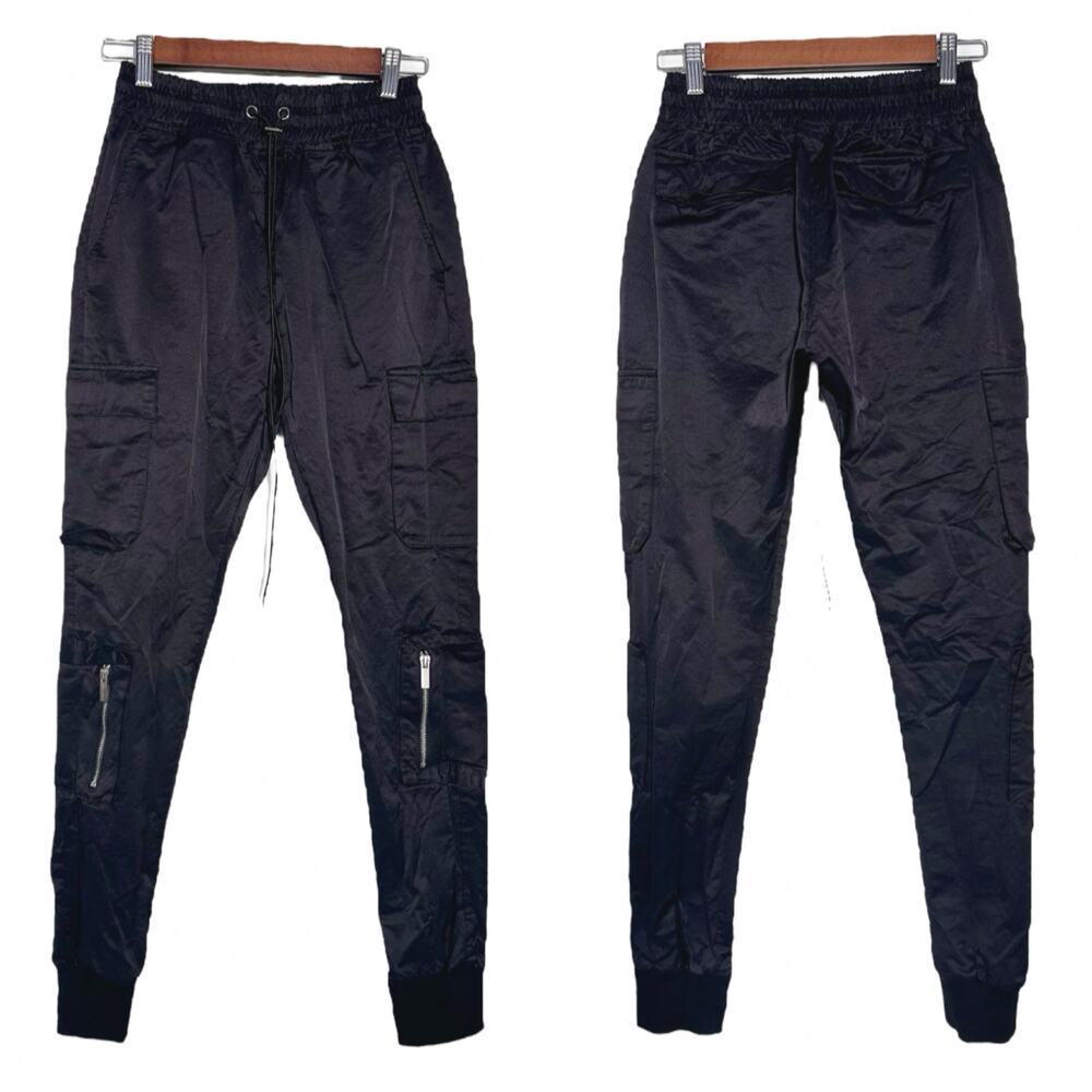 PRSTGE Paris | Men | Solid Black Satin Slim Stretch Street Cargo Joggers | Small